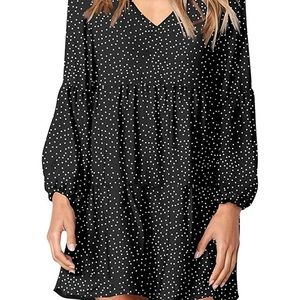 Long black polka dot sleeve swing dress